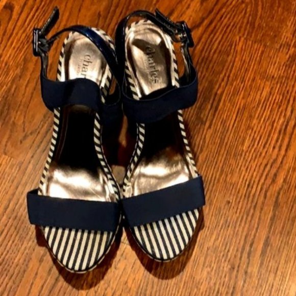 Navy and White Wedge Sandals - Picture 1 of 2